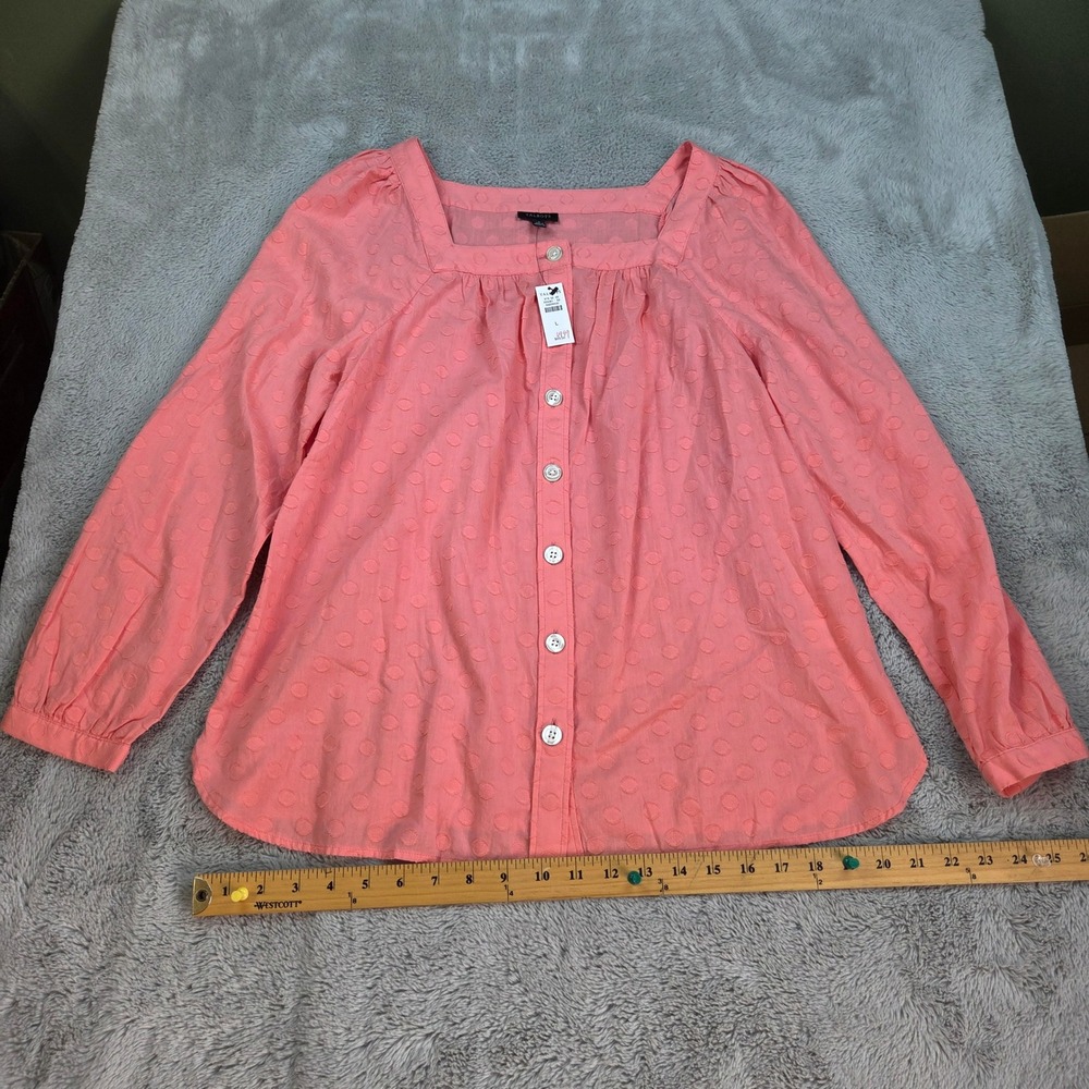 Talbots Cotton Blouse Womens L Clip Dot Square Neck Button Front Coral Pink NWT